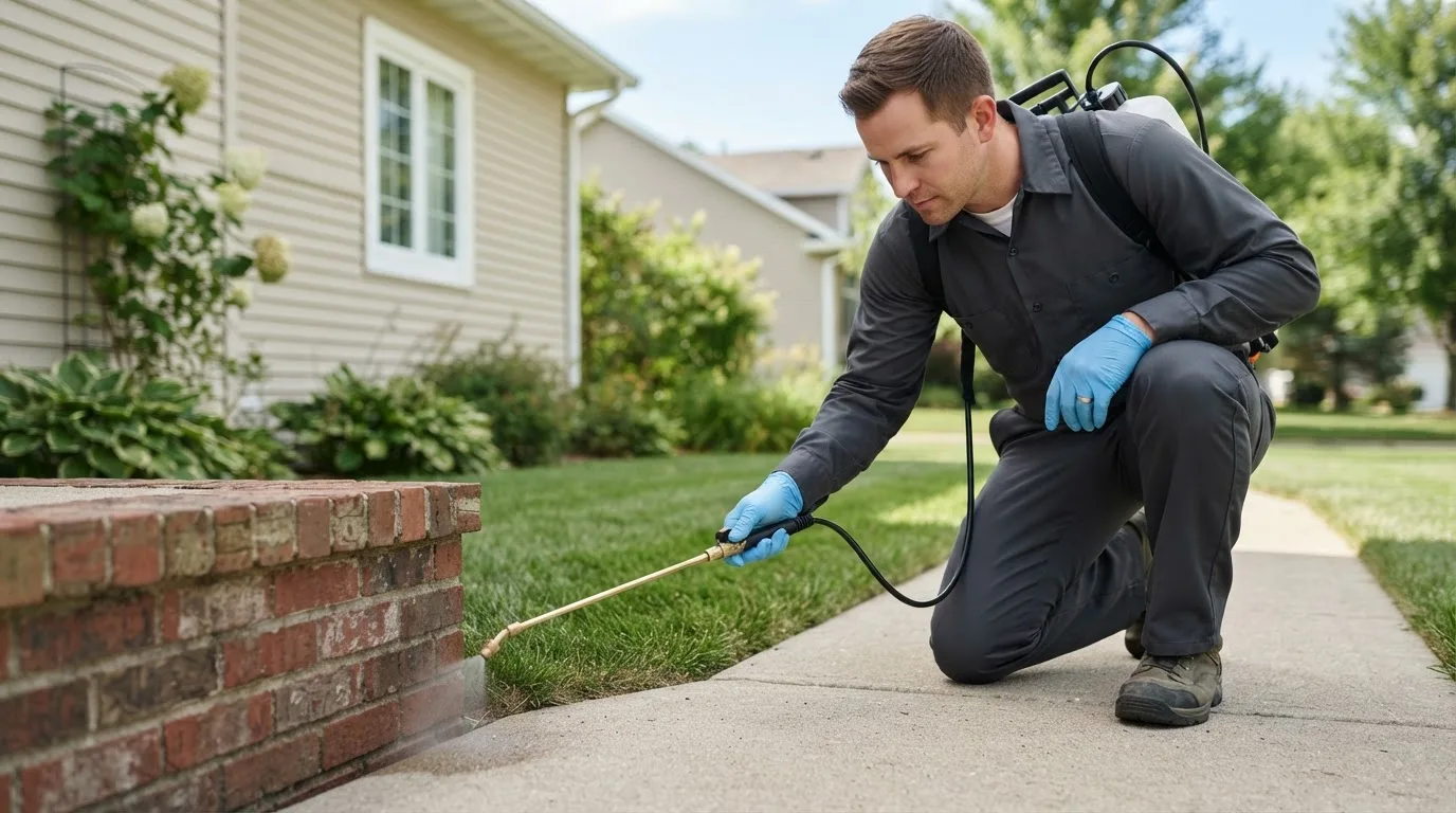 Pest control technician treating a home near Sheridan, TX