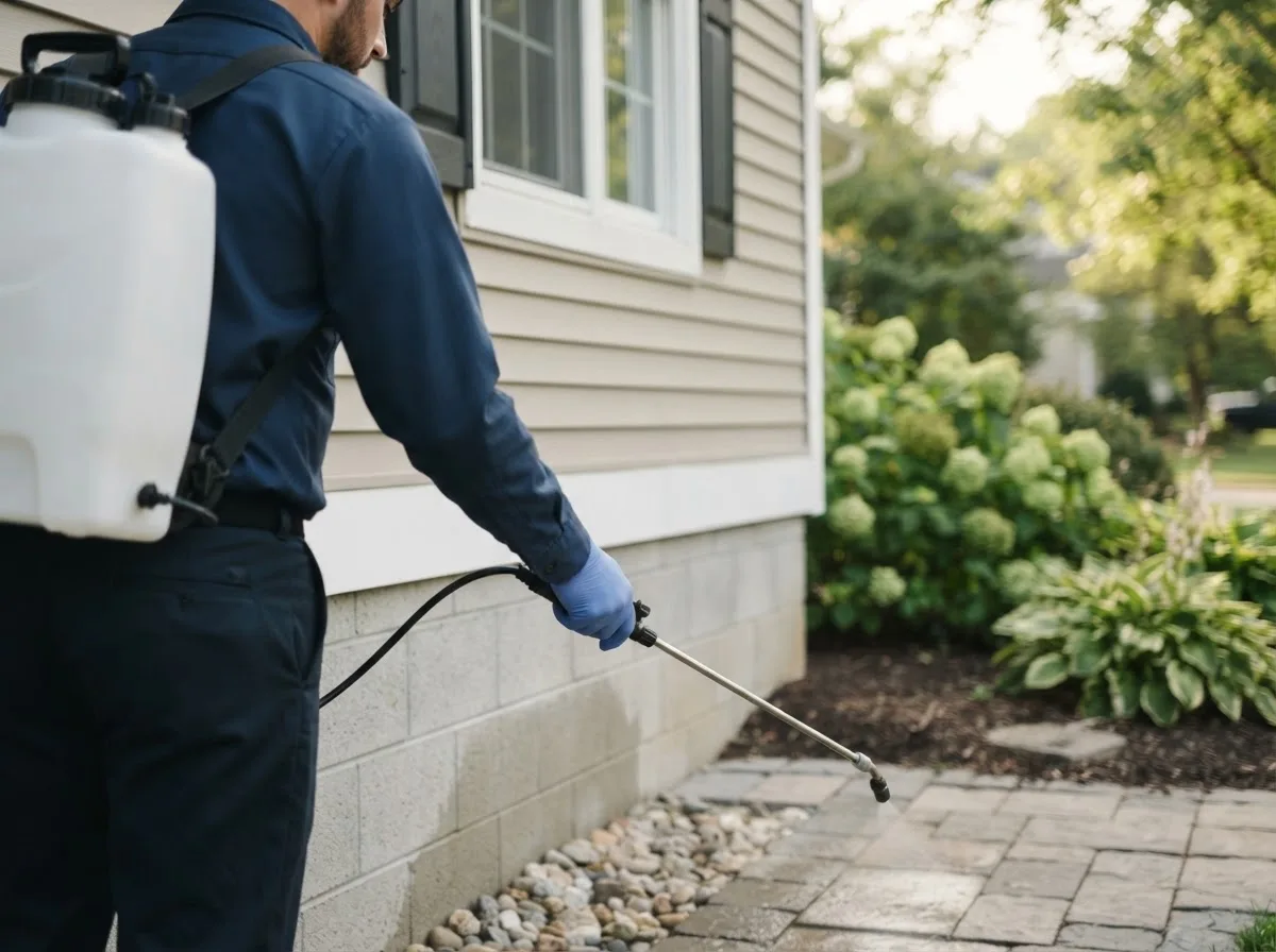 Pest control technician inspecting a home in Sheridan, TX